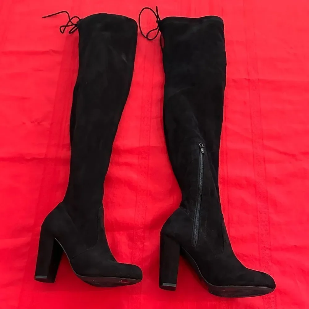 Olivia Ferguson Chic Black Suede Over the Knee Tie/Zip Boots Size 7.5